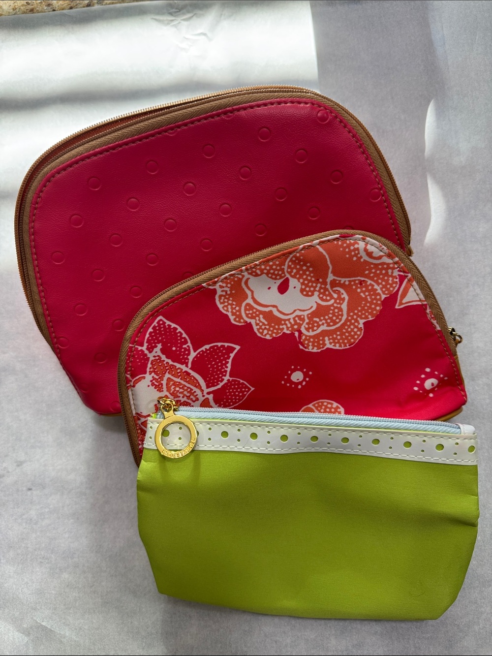 Estee Lauder Three-Piece Cosmetic Pouch Set in Hot Pink, Floral Pink & Lime NWOT